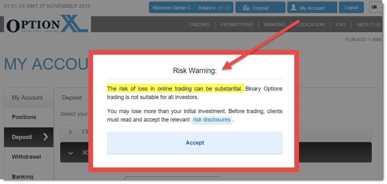 Warning sign: The risk of trading in binary options can be substantial 