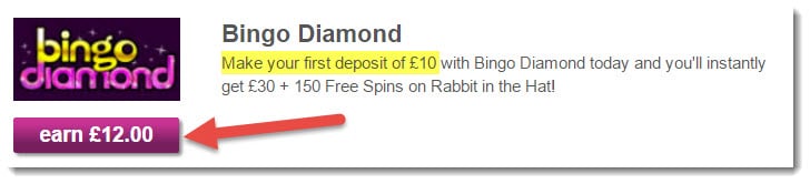 Screenshot from inboxpounds.com - Bingo diamond offer - deposit £10 earn £12