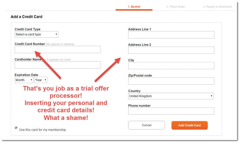 Screenshot of an example of how you fill up trial offer forms. Your credit card and other personal data