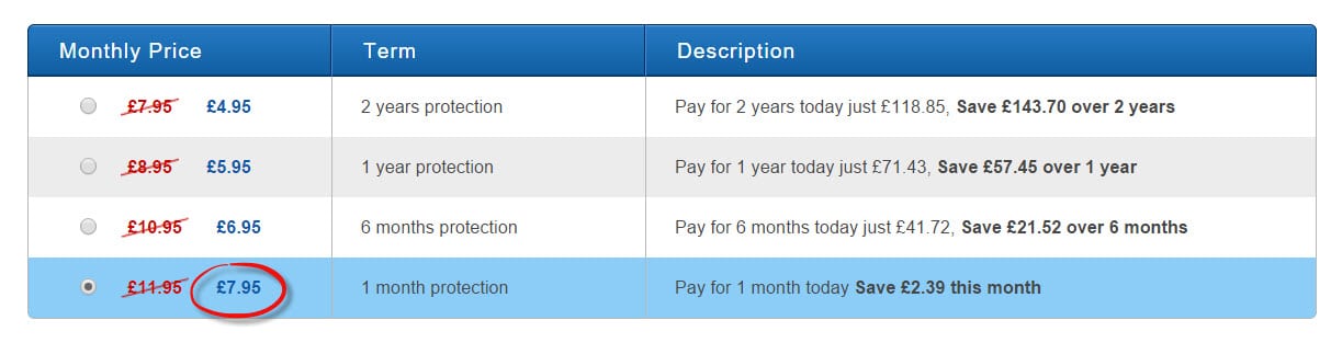 A table containing all the options for protection with different prices