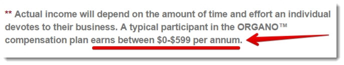 Screenshot from the organogold's website stating that a tipical member earns from $0 to $599 per year