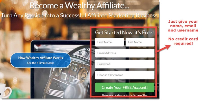 Wealthy Affiliate sign up page