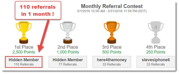 Referral contest - the 1st place got 110 referrals in one month