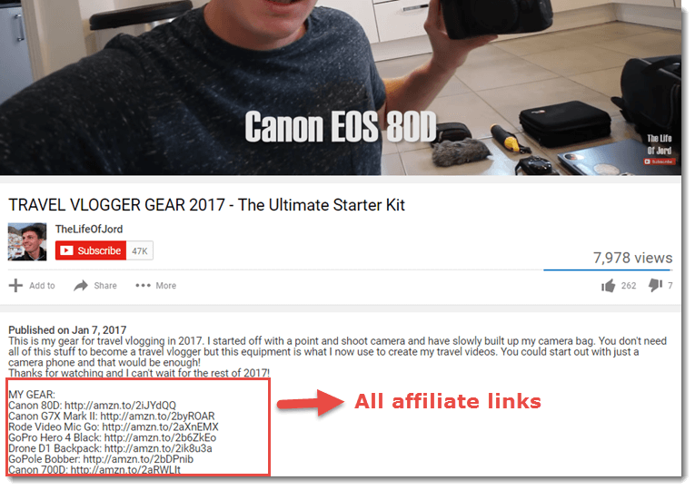 example of affiliate links in video description