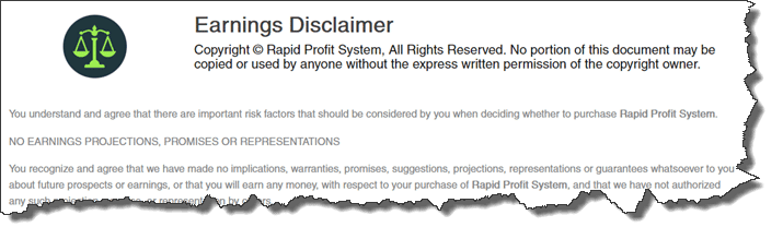 Rapid Profit System Earning disclaimer