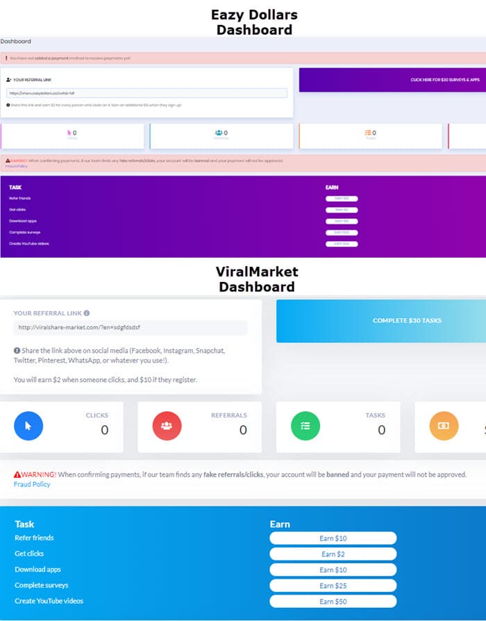 Eazy dollars vs Viralmarket dashboard